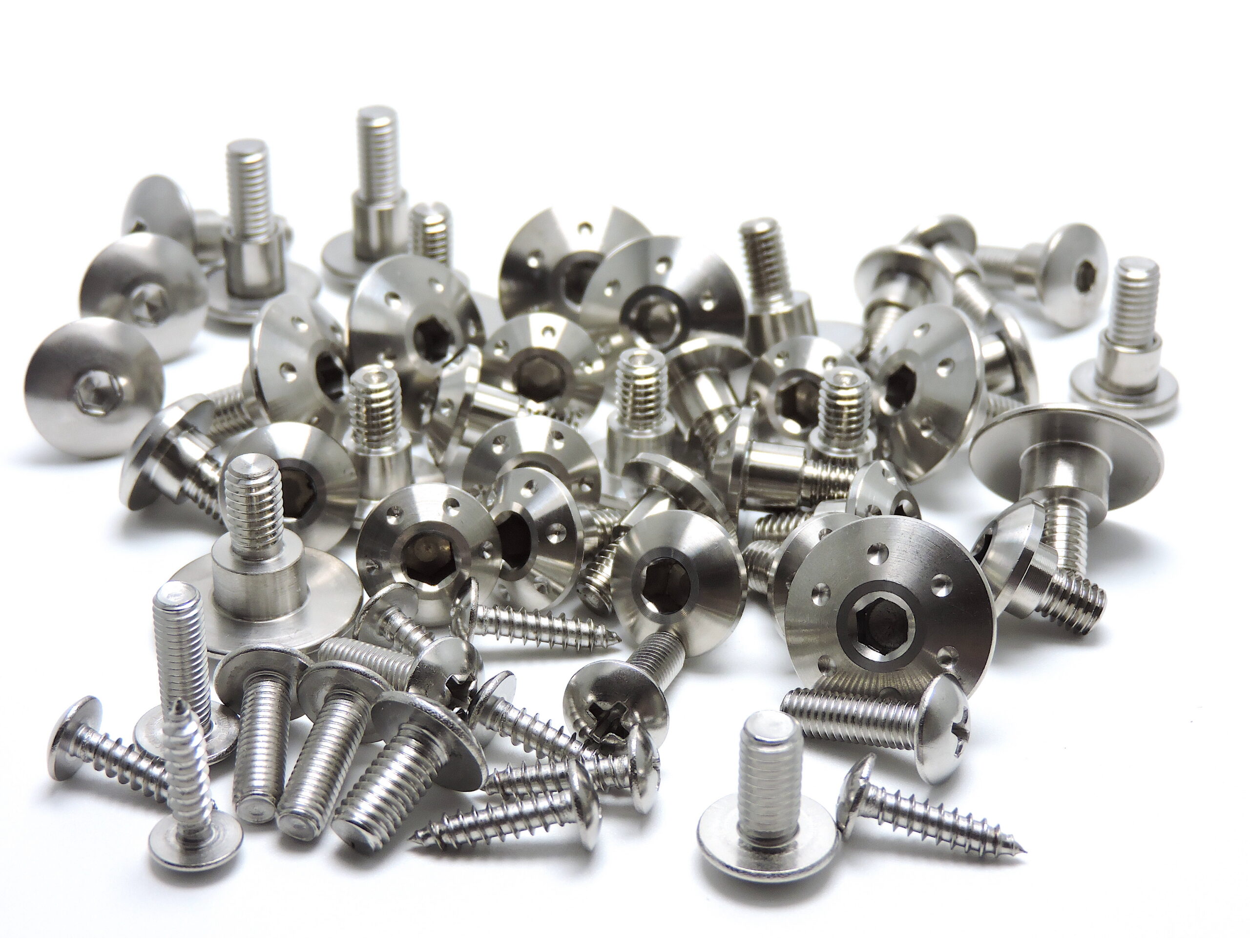 Close up of 316 marine-grade stainless steel fairing and engine bolt kits by Biker Bling