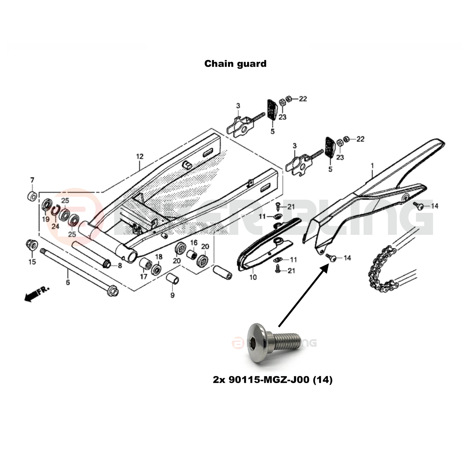 Diagram showing how to fit biker bling chain guard bolt kit