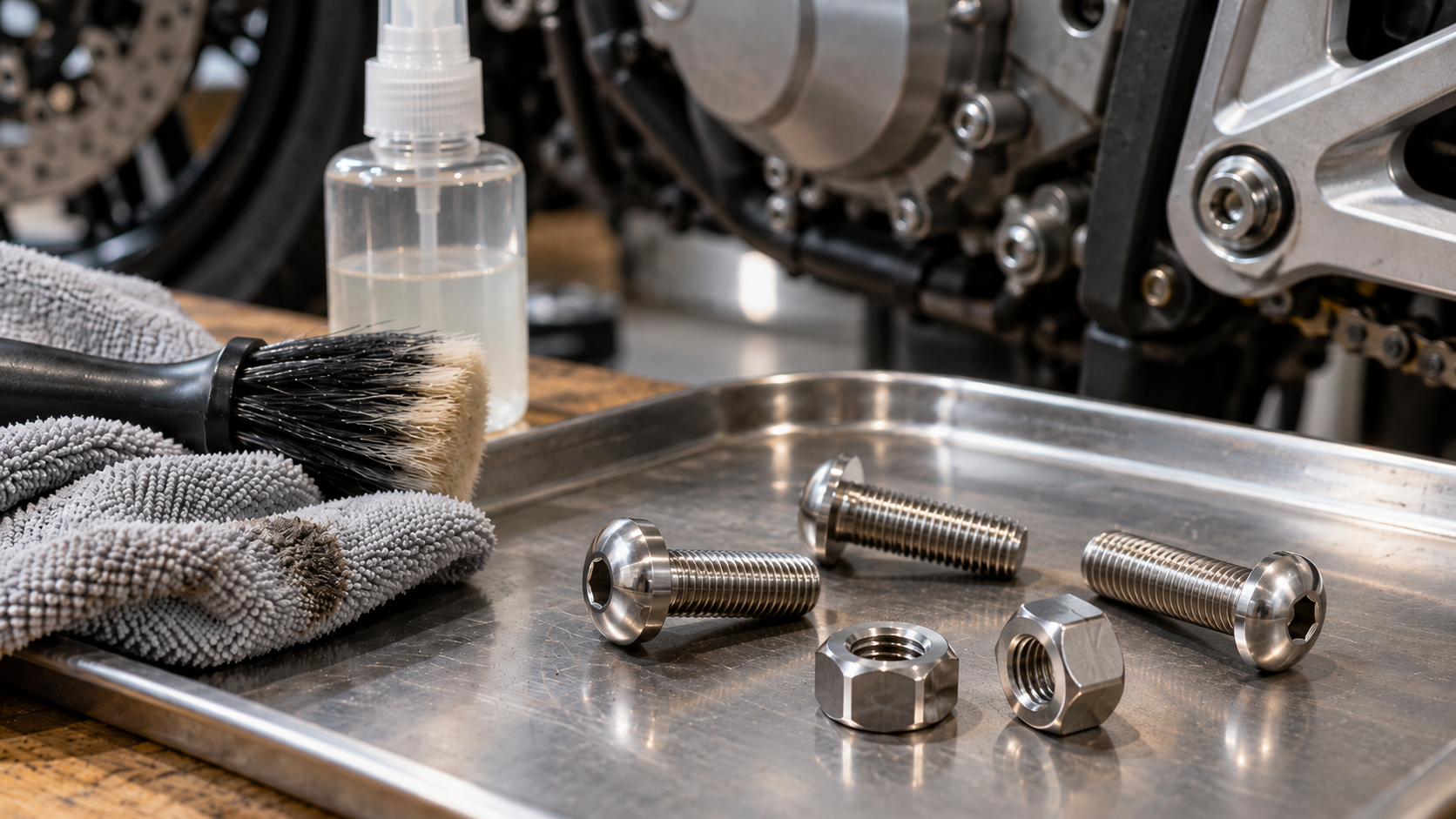 304 stainless steel motorcycle bolts and nuts on a workshop tray with cleaning brush and cloth
