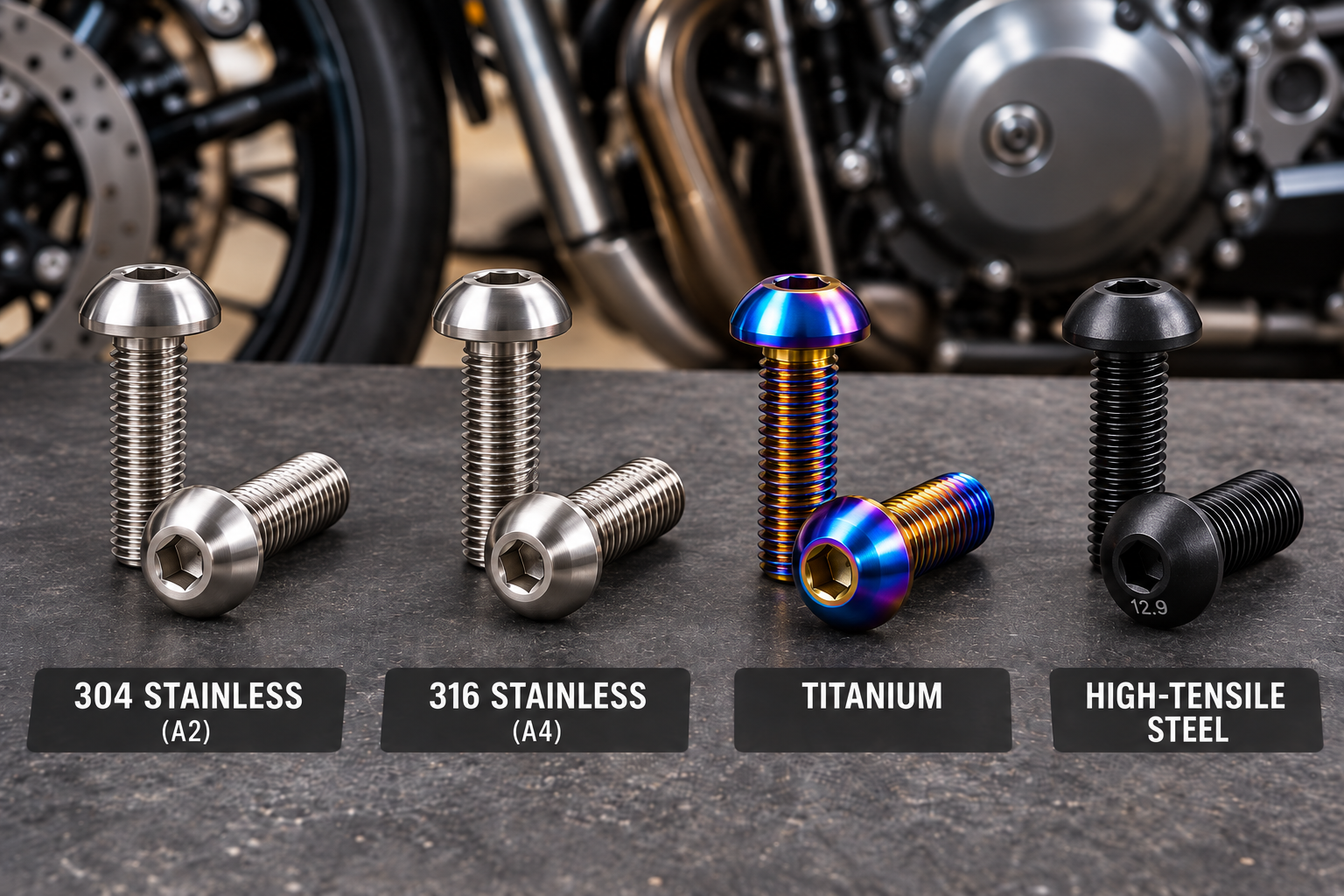 304 and 316 stainless steel, titanium and high-tensile motorcycle bolts compared