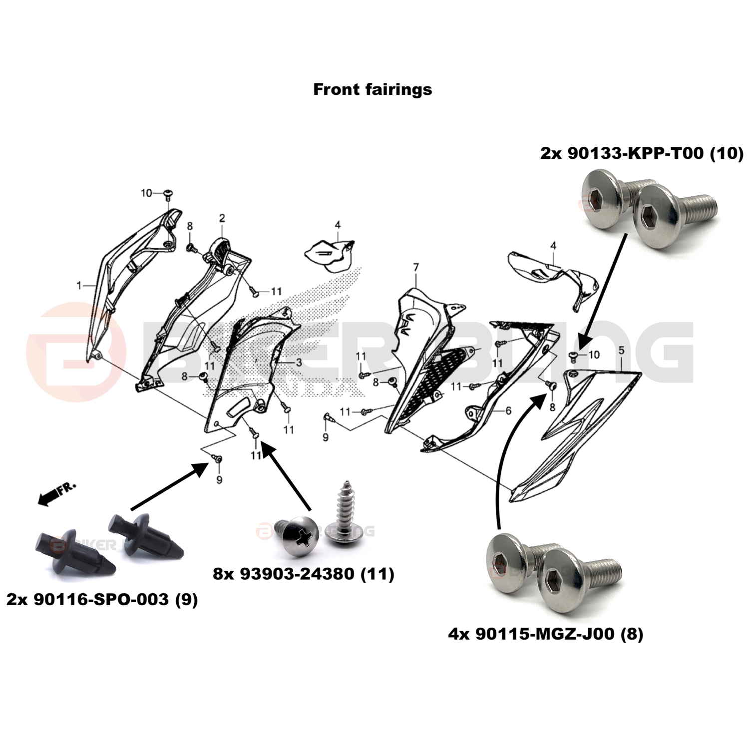 Diagram showing how to fit biker bling front fairing bolt and plastic clip kit
