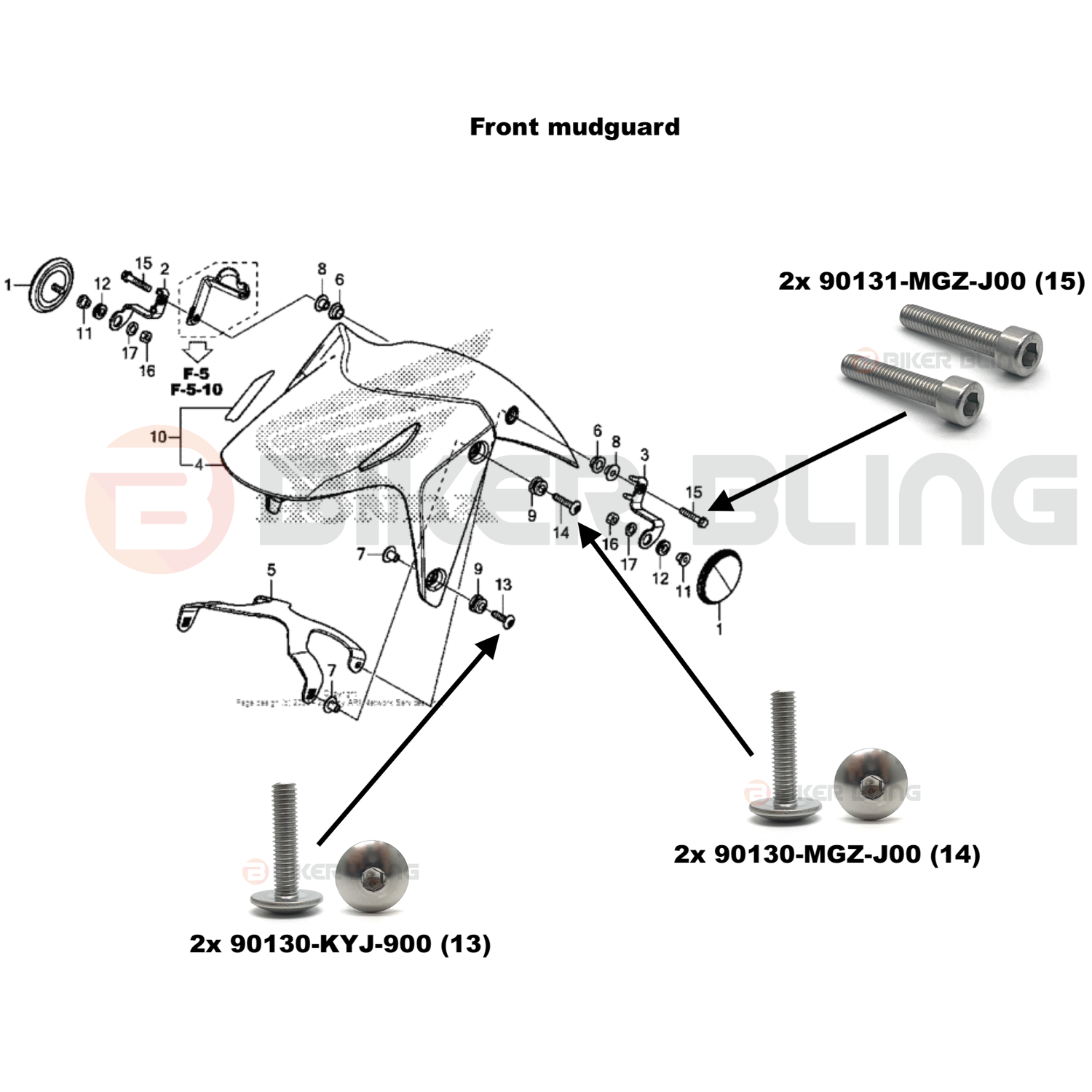 Diagram showing how to fit biker bling front mudguard bolt kit