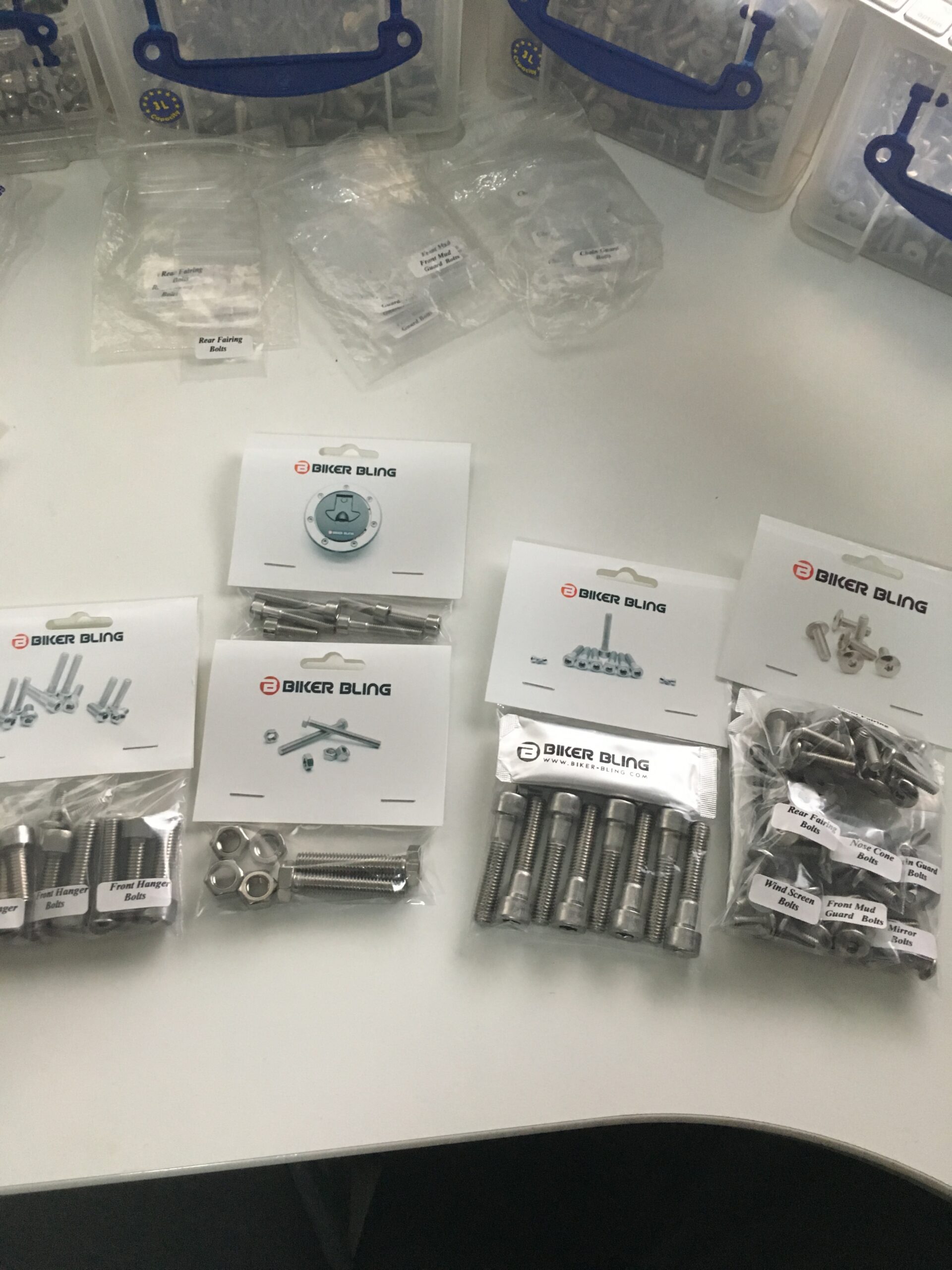 biker Bling motorcycle bolt kits and labelled stainless steel fasteners