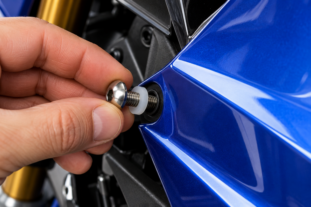 Stainless steel motorcycle fairing bolt being fitted carefully into a plastic fairing panel
