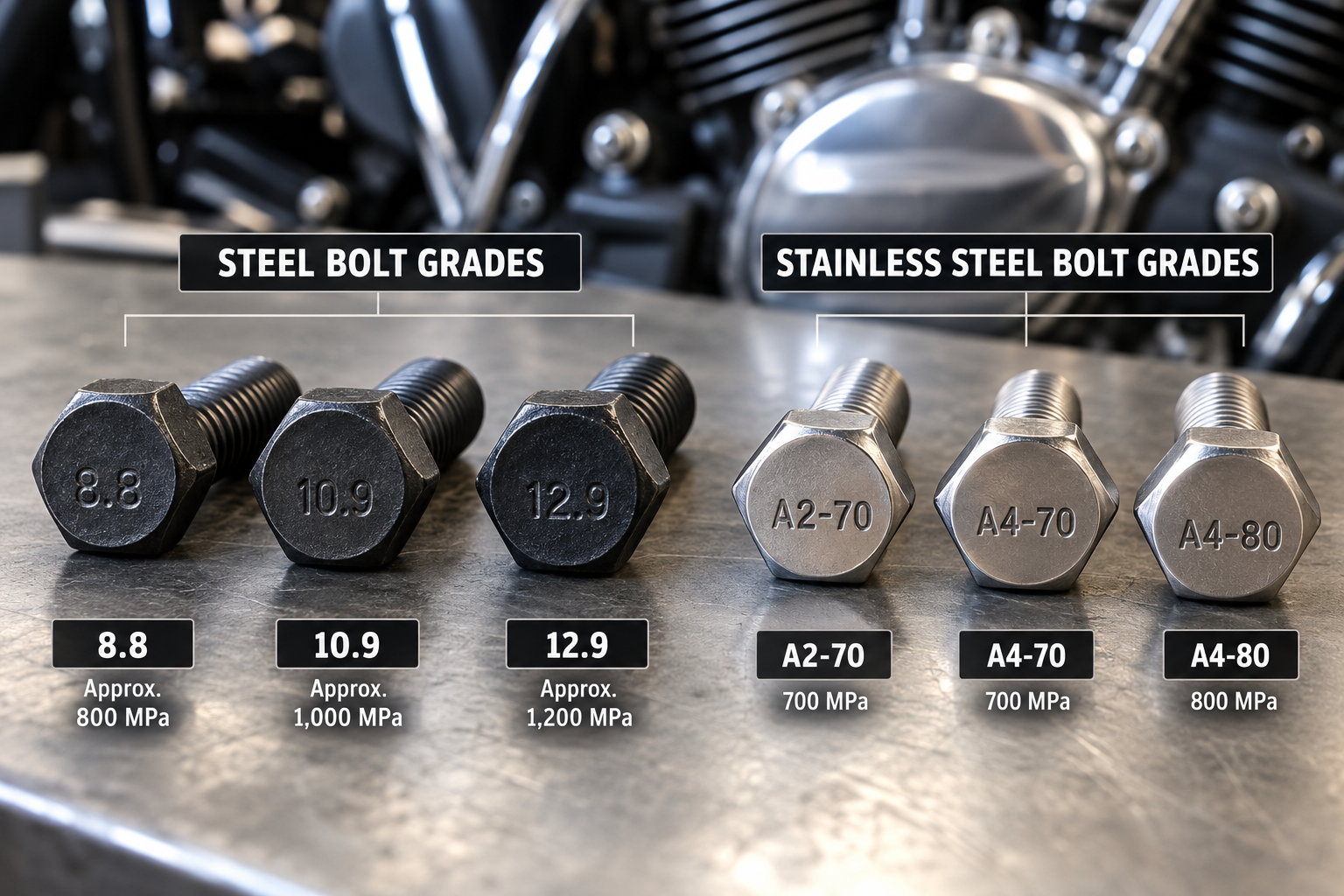Motorcycle bolt strength grades 8.8, 10.9, 12.9, A2-70, A4-70 and A4-80