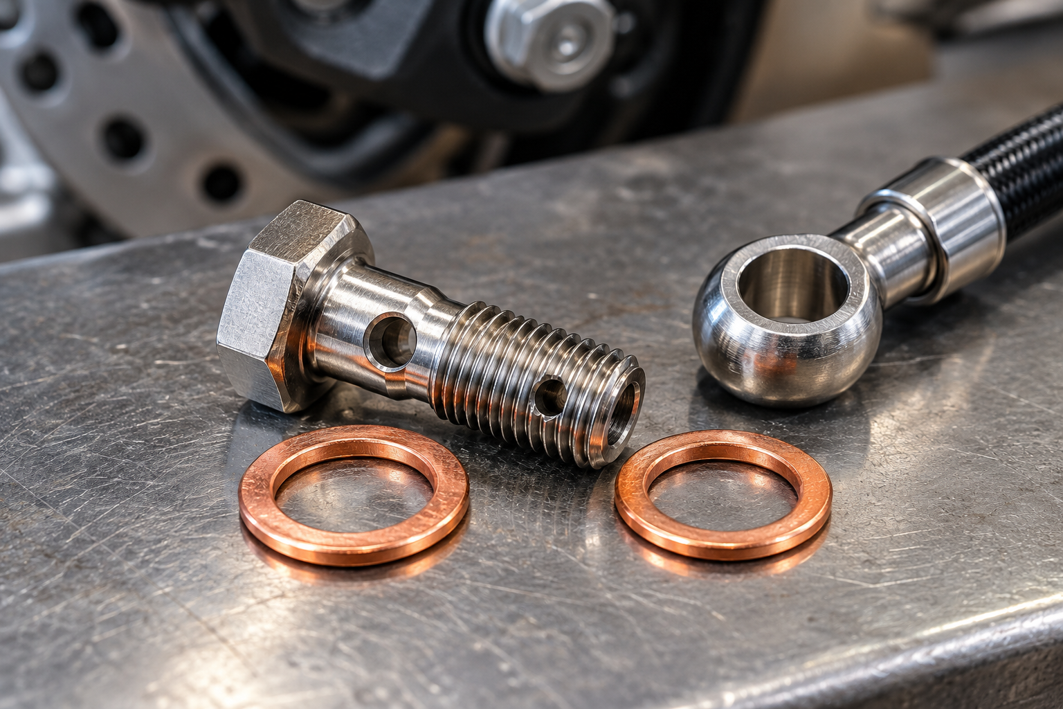 Stainless steel motorcycle banjo bolt with copper sealing washers and brake hose fitting