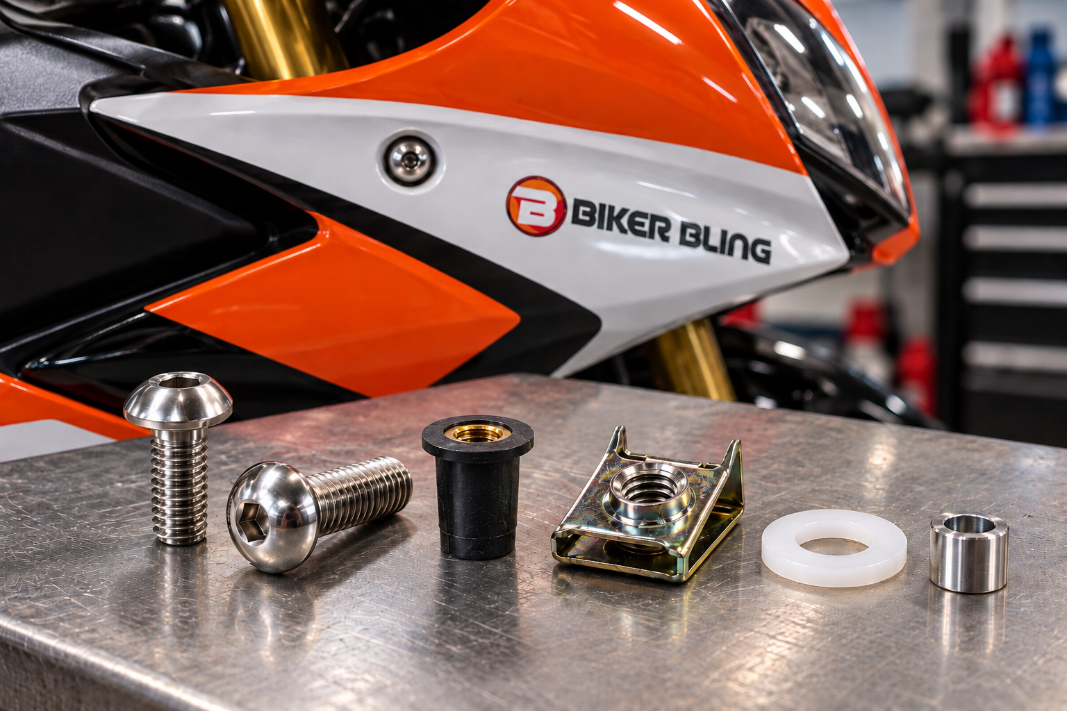 Motorcycle fairing fasteners including stainless steel bolts, well nut, clip nut, washer and spacer