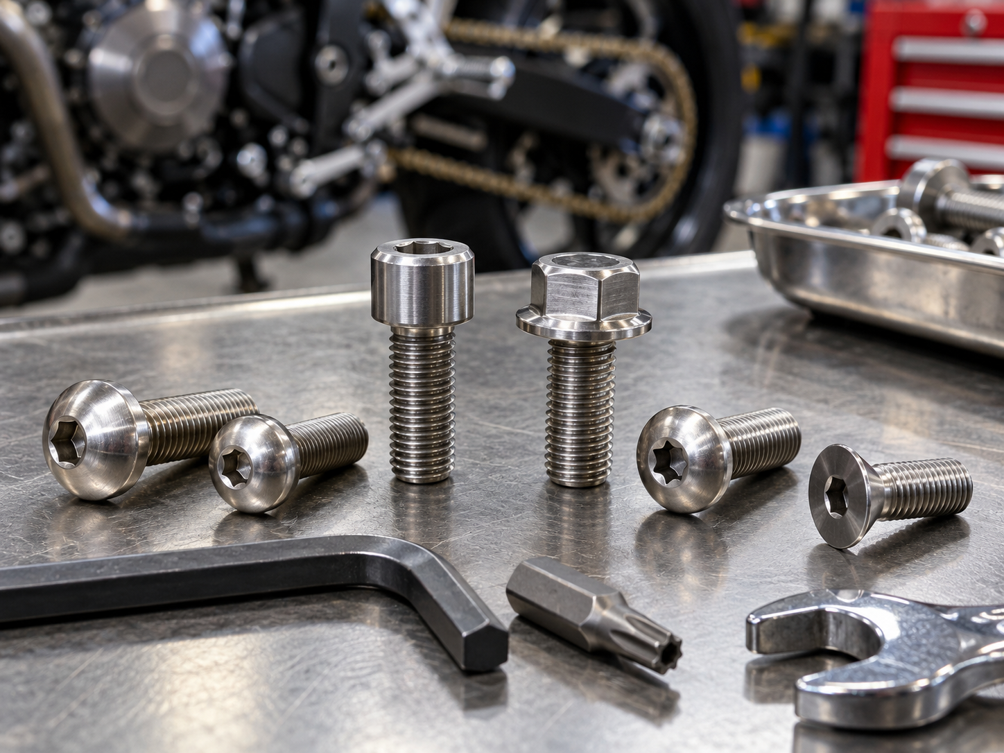 Motorcycle bolt head types including Allen, Torx, button head, flange head and countersunk bolts