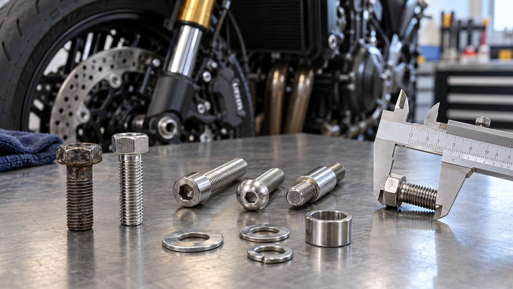 Motorcycle replacement bolts, washers and spacer being measured with a vernier caliper