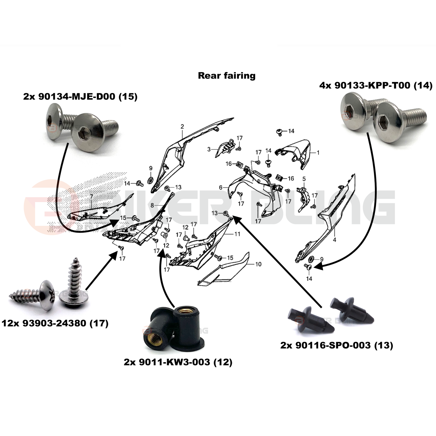 Diagram showing how to fit biker bling rear fairing bolt and rubber well nut kit