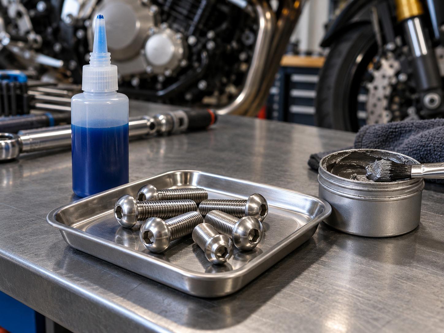 Blue threadlocker and silver anti-seize beside stainless steel motorcycle bolts on a workshop table