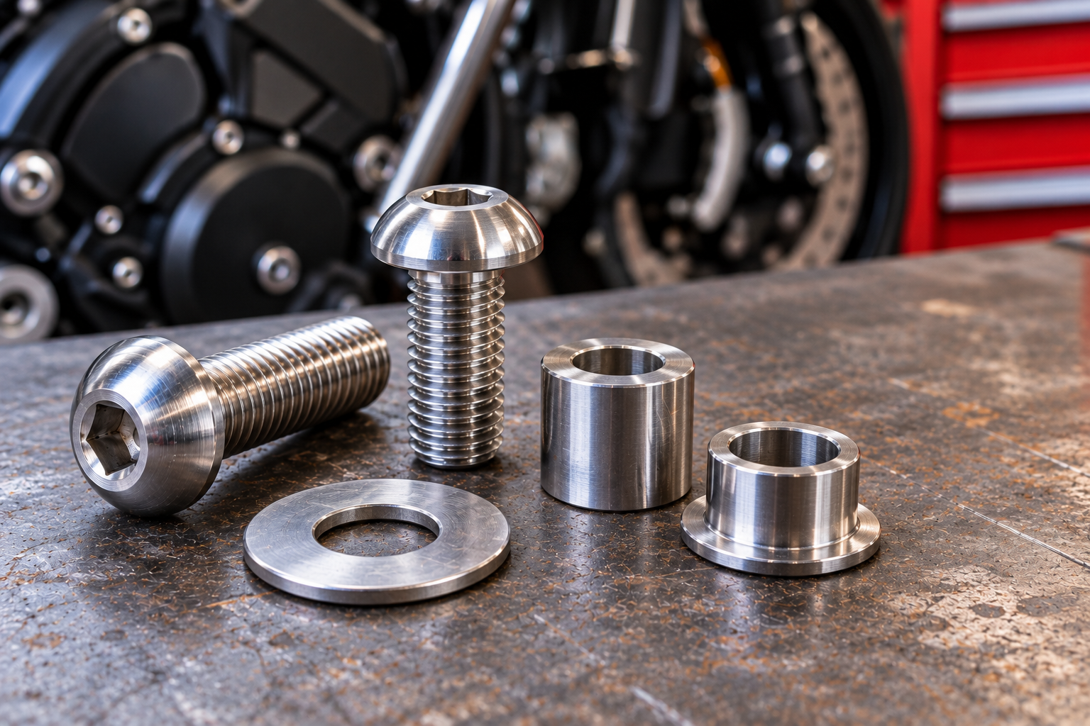 Motorcycle washer, spacer and collar beside stainless steel domed bolts on a workshop bench