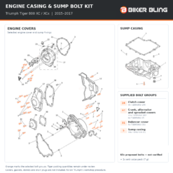 Motorcycle engine casing and sump bolt fitting diagram with selected bolts highlighted orange.