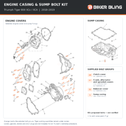 Motorcycle engine casing and sump bolt fitting diagram with selected bolts highlighted orange.