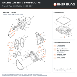 Motorcycle engine casing and sump bolt fitting diagram with selected bolts highlighted orange.