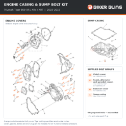 Motorcycle engine casing and sump bolt fitting diagram with selected bolts highlighted orange.