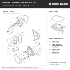 Motorcycle engine casing and sump bolt fitting diagram with selected bolts highlighted orange.