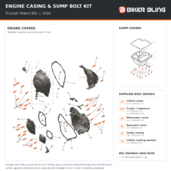 Motorcycle engine casing and sump bolt fitting diagram with selected bolts highlighted orange.