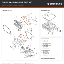 Triumph Bonneville Bobber 2021–2025 engine cover and sump casing bolt fitting diagram, with 49x supplied bolts highlighted orange, including 4x cover badge bolts (9).