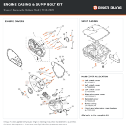 Triumph Bonneville Bobber Black 2018–2020 engine cover and sump casing bolt fitting diagram, with 49x supplied bolts highlighted orange, including 4x cover badge bolts (9).