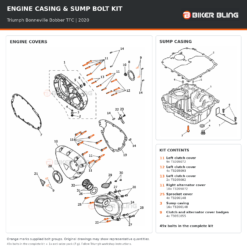 Triumph Bonneville Bobber TFC 2020 engine cover and sump casing bolt fitting diagram, with 49x supplied bolts highlighted orange, including 4x cover badge bolts (9).