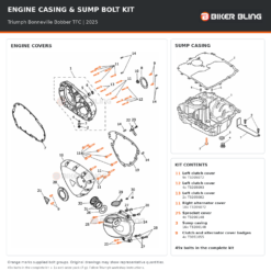 Triumph Bonneville Bobber TFC 2025 engine cover and sump casing bolt fitting diagram, with 49x supplied bolts highlighted orange, including 4x cover badge bolts (9).