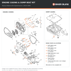 Triumph Bonneville Speedmaster 2018–2020 engine cover and sump casing bolt fitting diagram, with 49x supplied bolts highlighted orange, including 4x cover badge bolts (9).