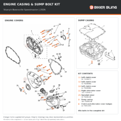 Triumph Bonneville Speedmaster 2026 engine cover and sump casing bolt fitting diagram, with 49x supplied bolts highlighted orange, including 4x cover badge bolts (9).