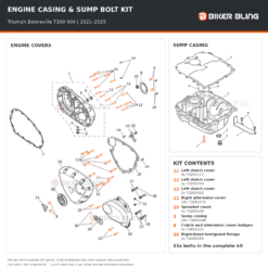 Triumph Bonneville T100 900 2021–2025 engine cover and sump casing bolt fitting diagram, with supplied fixings highlighted orange.