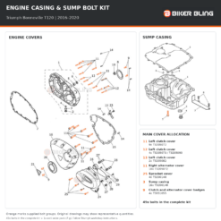 Triumph Bonneville T120 2016–2020 engine cover and sump casing bolt fitting diagram, with 49x supplied bolts highlighted orange, including 4x cover badge bolts (9).