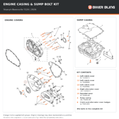 Triumph Bonneville T120 2026 engine cover and sump casing bolt fitting diagram, with 49x supplied bolts highlighted orange, including 4x cover badge bolts (9).
