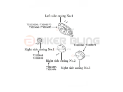 Triumph Bonneville and T100 865 EFI 2009–2016 four-group engine cover bolt diagram with corrected clutch-cover references T3203030 and T3205070.