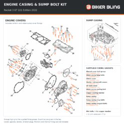 Triumph Rocket 3 GT 221 Edition 2022 engine casing cover and sump casing bolt fitting diagram, including water-pump fixings and copper sealing washer highlighted orange.