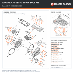 Triumph Rocket 3 GT 2500 2020–2023 engine casing cover and sump casing bolt fitting diagram, including water-pump fixings and copper sealing washer highlighted orange.