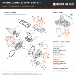 Triumph Rocket 3 GT Evel Knievel Limited Edition 2025 engine casing cover and sump casing bolt fitting diagram, including water-pump fixings and copper sealing washer highlighted orange.