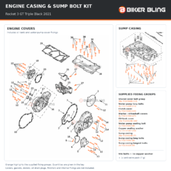 Triumph Rocket 3 GT Triple Black 2021 engine casing cover and sump casing bolt fitting diagram, including water-pump fixings and copper sealing washer highlighted orange.