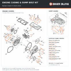 Triumph Rocket 3 Storm R 2024–2026 engine casing cover and sump casing bolt fitting diagram, including water-pump fixings and copper sealing washer highlighted orange.