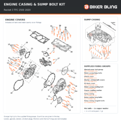 Triumph Rocket 3 TFC 2500 2020 engine casing cover and sump casing bolt fitting diagram, including water-pump fixings and copper sealing washer highlighted orange.