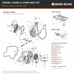 Triumph Rocket III Roadster 2300 2015–2018 engine casing cover, sump casing and water-pump bolt fitting diagram, with supplied fixings highlighted orange.