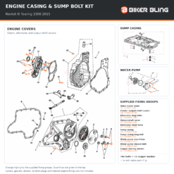 Triumph Rocket III Touring 2300 2015 engine casing cover, sump casing and water-pump bolt fitting diagram, with supplied fixings highlighted orange.
