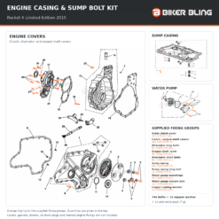 Triumph Rocket X Limited Edition 2015 engine casing cover, sump casing and water-pump bolt fitting diagram, with supplied fixings highlighted orange.