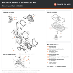 Triumph Speed Triple 1050 2015 engine cover and sump casing bolt fitting diagram, with supplied fixings highlighted orange.