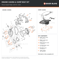 Triumph Speed Triple 1200 RX 2026 engine cover and sump casing bolt fitting diagram, with supplied fixings highlighted orange.