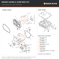 Triumph Speed Twin 1200 2019–2020 engine cover and sump casing bolt fitting diagram with supplied bolts highlighted orange