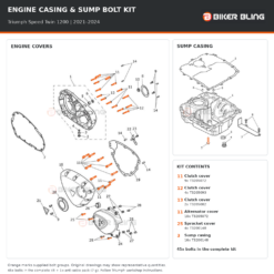 Triumph Speed Twin 1200 2021–2024 engine cover and sump casing bolt fitting diagram with supplied bolts highlighted orange