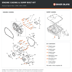 Triumph Speed Twin 1200 2025–2026 engine cover and sump casing bolt fitting diagram with supplied bolts highlighted orange