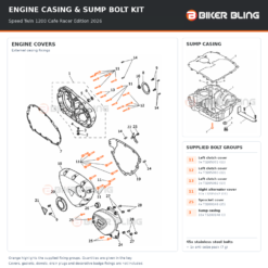 Triumph Speed Twin 1200 Cafe Racer Edition 2026 engine casing cover and sump casing bolt fitting diagram, with supplied bolts highlighted orange.