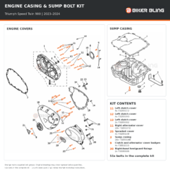 Triumph Speed Twin 900 2023–2024 engine cover and sump casing bolt fitting diagram, with supplied bolts highlighted orange.