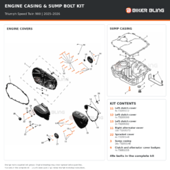 Triumph Speed Twin 900 2025–2026 engine cover and sump casing bolt fitting diagram, with supplied bolts highlighted orange.