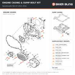Triumph Speedmaster 865 EFI 2015–2016 engine casing and sump bolt fitting diagram with supplied fixing groups highlighted orange, 50 bolts and a 7 g anti-seize pack.